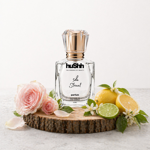 Perfume bottle labeled 'huShh' with flowers and fruits on a wooden platform